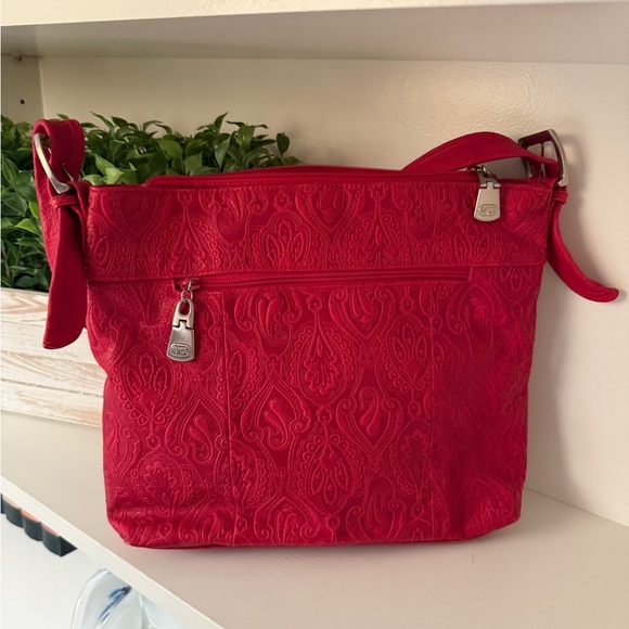 Handbags - Genuine Leather Red Embossed Paisley Style Shoulder Bag with Adjustable Straps